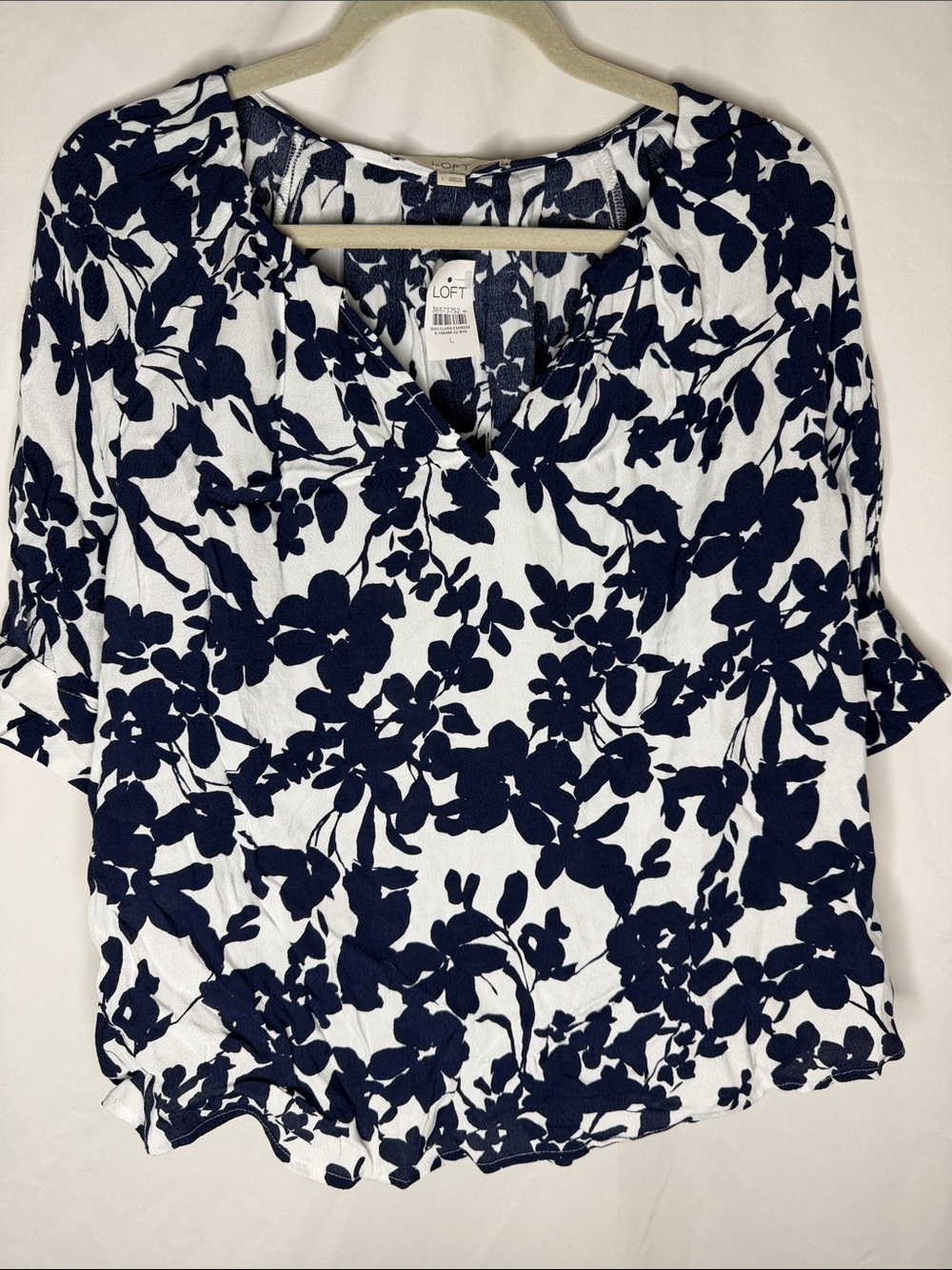 LOFT Navy and White Floral V-Neck Blouse
